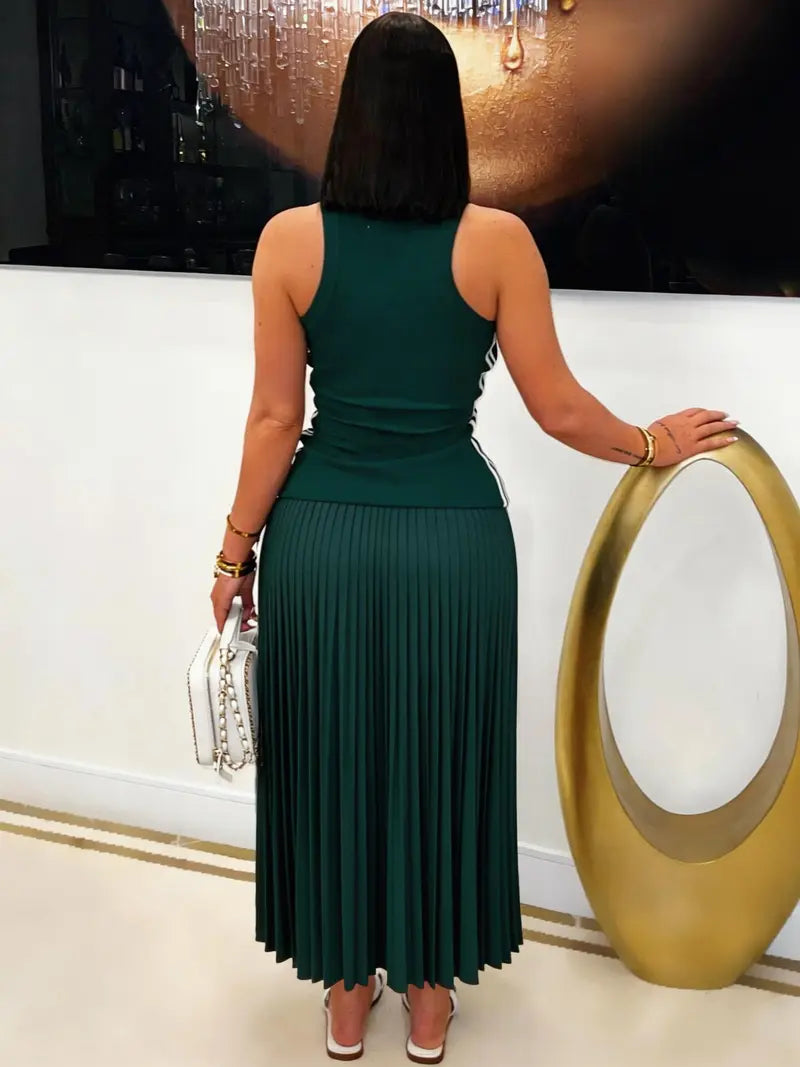 Robe Longue Plissée sans Manches – Robe Débardeur Ajustée