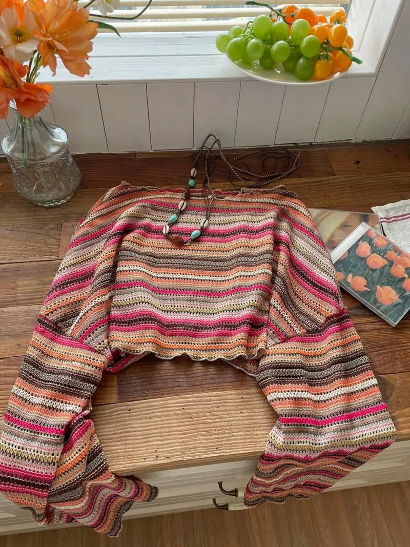 Haut en Tricot Rayé Coloré – Pull Texturé à Manches Évasées