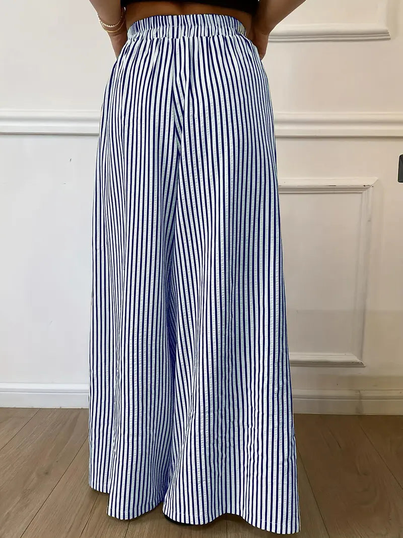 Pantalon Large Rayures Verticales Femme – Pantalon Décontracté Taille Élastique Coupe Ample