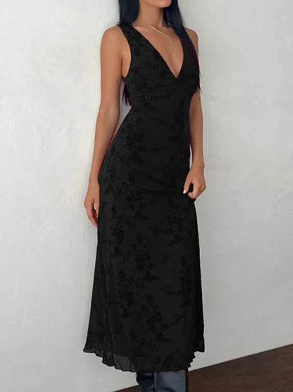 Robe Trapèze en Tricot Fleuri Col V Plongeant – Robe Longue Moulante Élégante