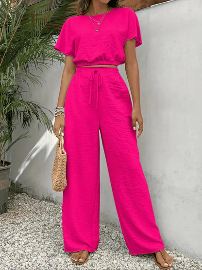 Ensemble Haut Col Rond & Pantalon Large – Tenue Décontractée à Cordon Deux Pièces