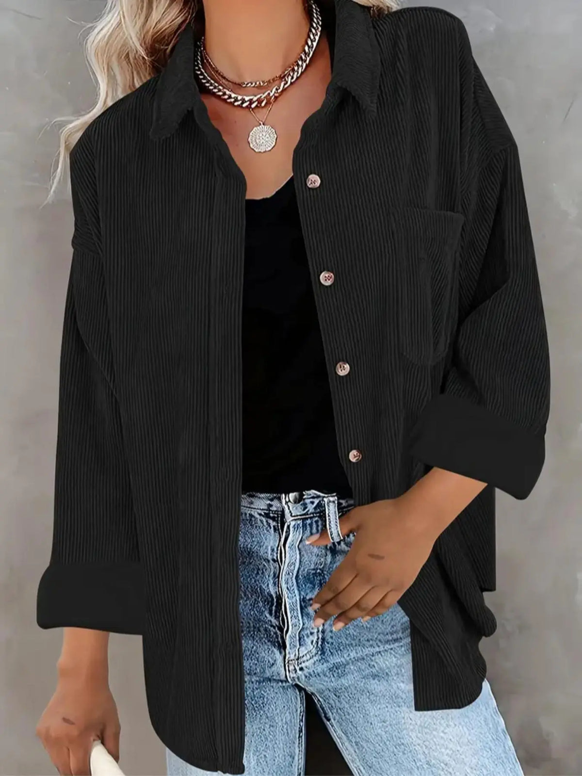 Chemise en Velours Côtelé Boutonnée à Col – Chemise Oversize à Manches Longues avec Poche