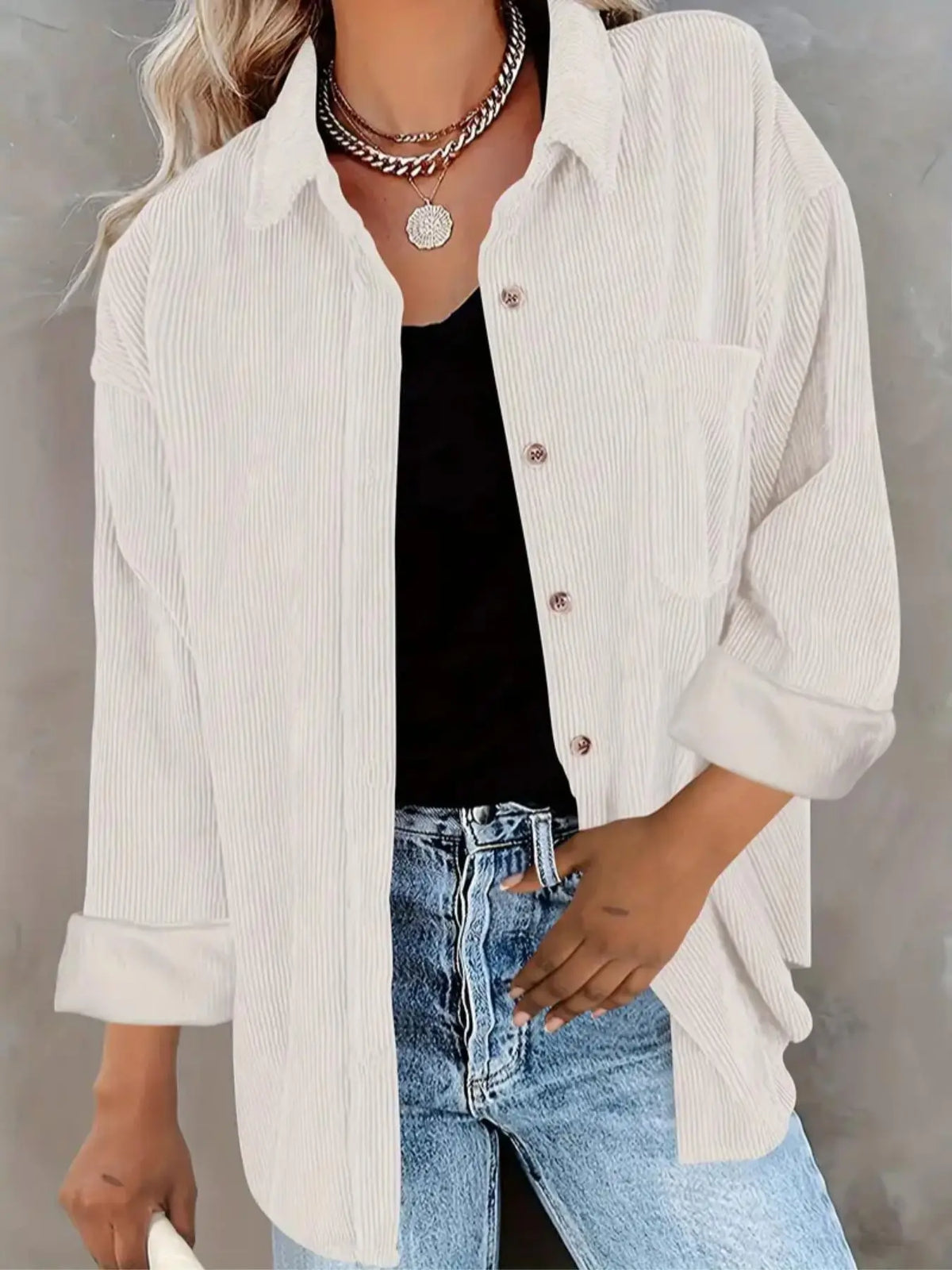 Chemise en Velours Côtelé Boutonnée à Col – Chemise Oversize à Manches Longues avec Poche