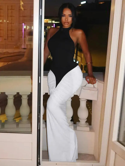Robe Longue Moulante Colorblock Dos Nu – Robe de Soirée Élégante