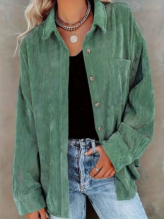 Chemise en Velours Côtelé Boutonnée à Col – Chemise Oversize à Manches Longues avec Poche
