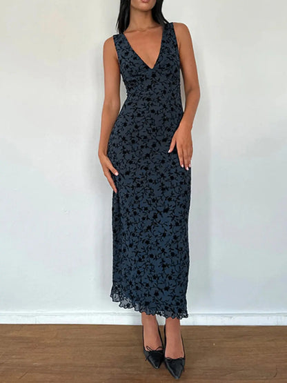 Robe Trapèze en Tricot Fleuri Col V Plongeant – Robe Longue Moulante Élégante