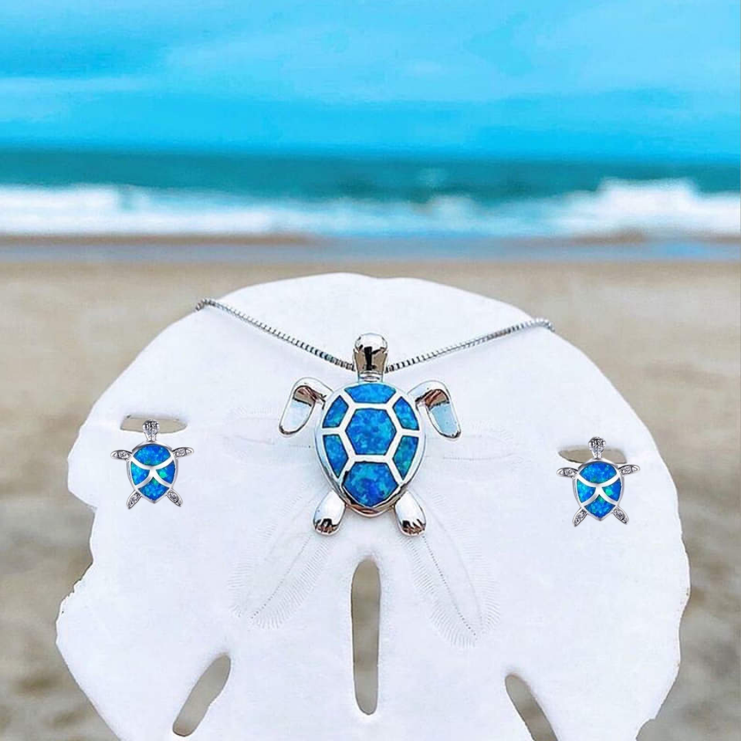 Parure Collier et Boucles d’Oreilles Tortue de Mer en Opale et Argent