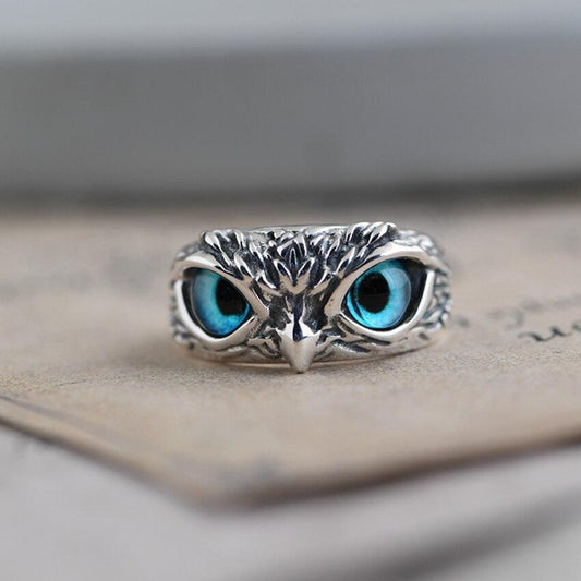 Bague Chouette Porte-Bonheur Ajustable en Argent et Opale
