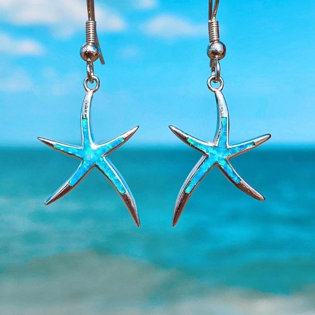 Boucles d’Oreilles Étoile de Mer en Argent Serties d’Opales