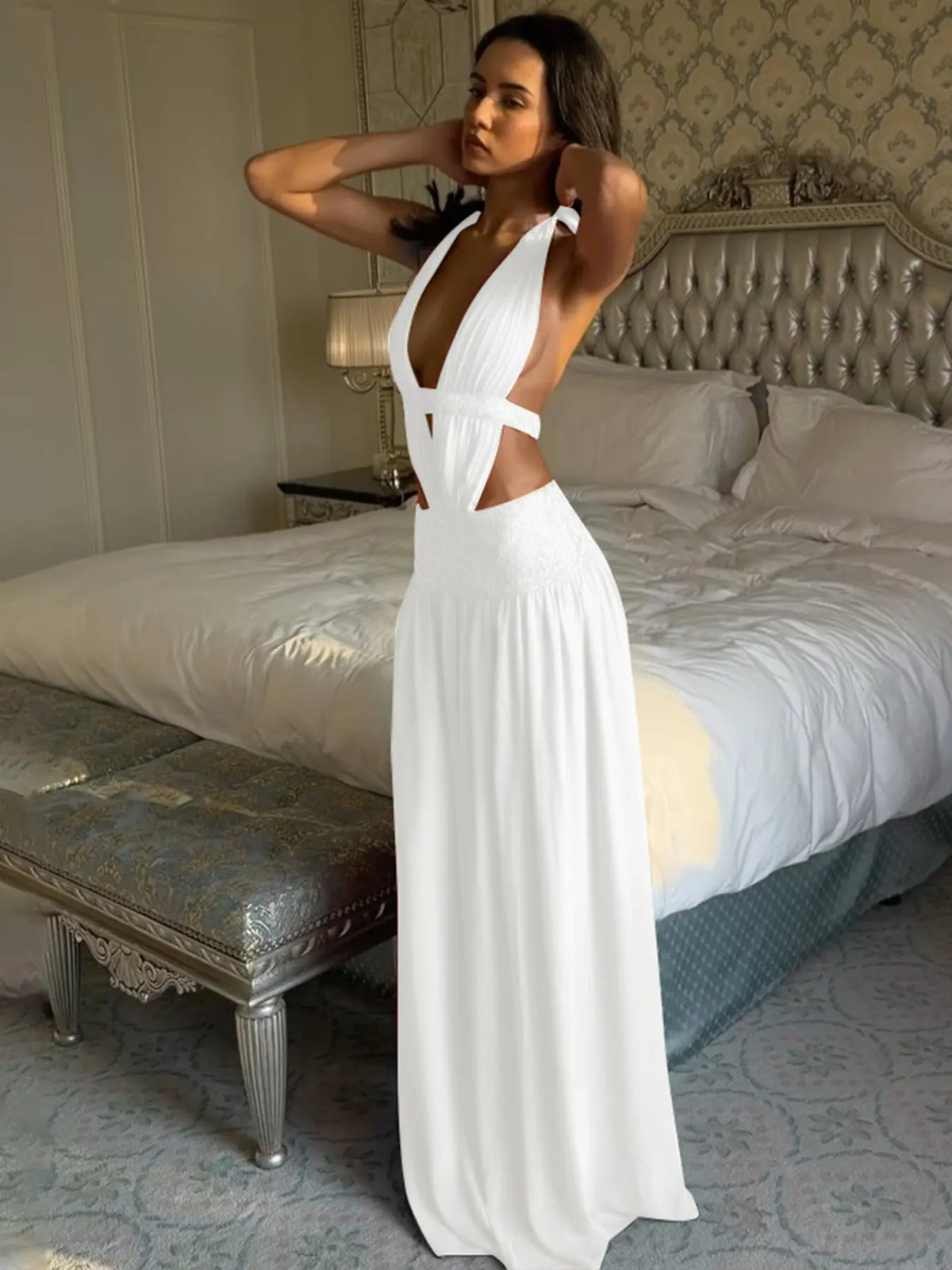 Robe Moulante Dos Nu Col V Plongeant – Robe de Soirée Froncée Dos Nu