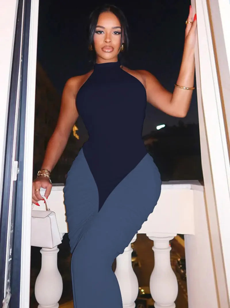 Robe Longue Moulante Colorblock Dos Nu – Robe de Soirée Élégante