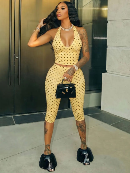 Ensemble Haut Dos Nu à Pois & Legging Capri – Tenue Amincissante Deux Pièces