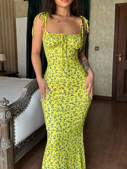 Robe Longue Sirène Dos Nu Imprimé Fleuri à Bretelles Nouées – Robe d'Été Chic Moulante