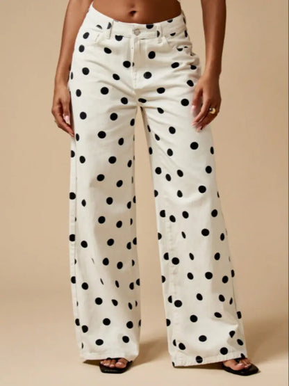 Pantalon Large à Pois Abstraits – Pantalon Bohème Taille Haute avec Poches