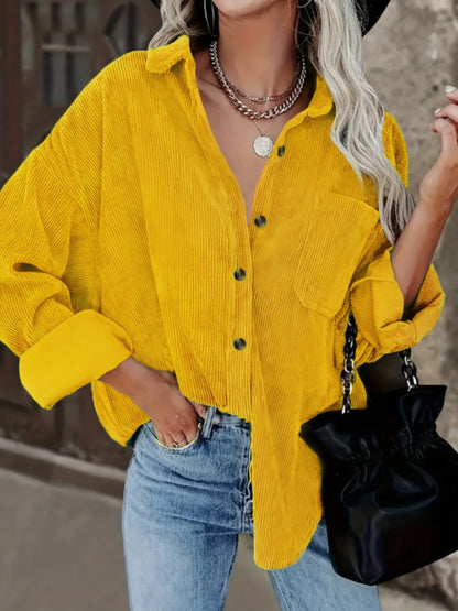 Chemise en Velours Côtelé Boutonnée à Col – Chemise Oversize à Manches Longues avec Poche