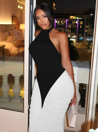 Robe Longue Moulante Colorblock Dos Nu – Robe de Soirée Élégante