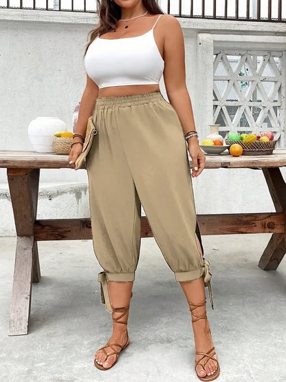 Pantalon Capri Large – Pantalon Décontracté Taille Élastique avec Fente Latérale et Détail Nœud