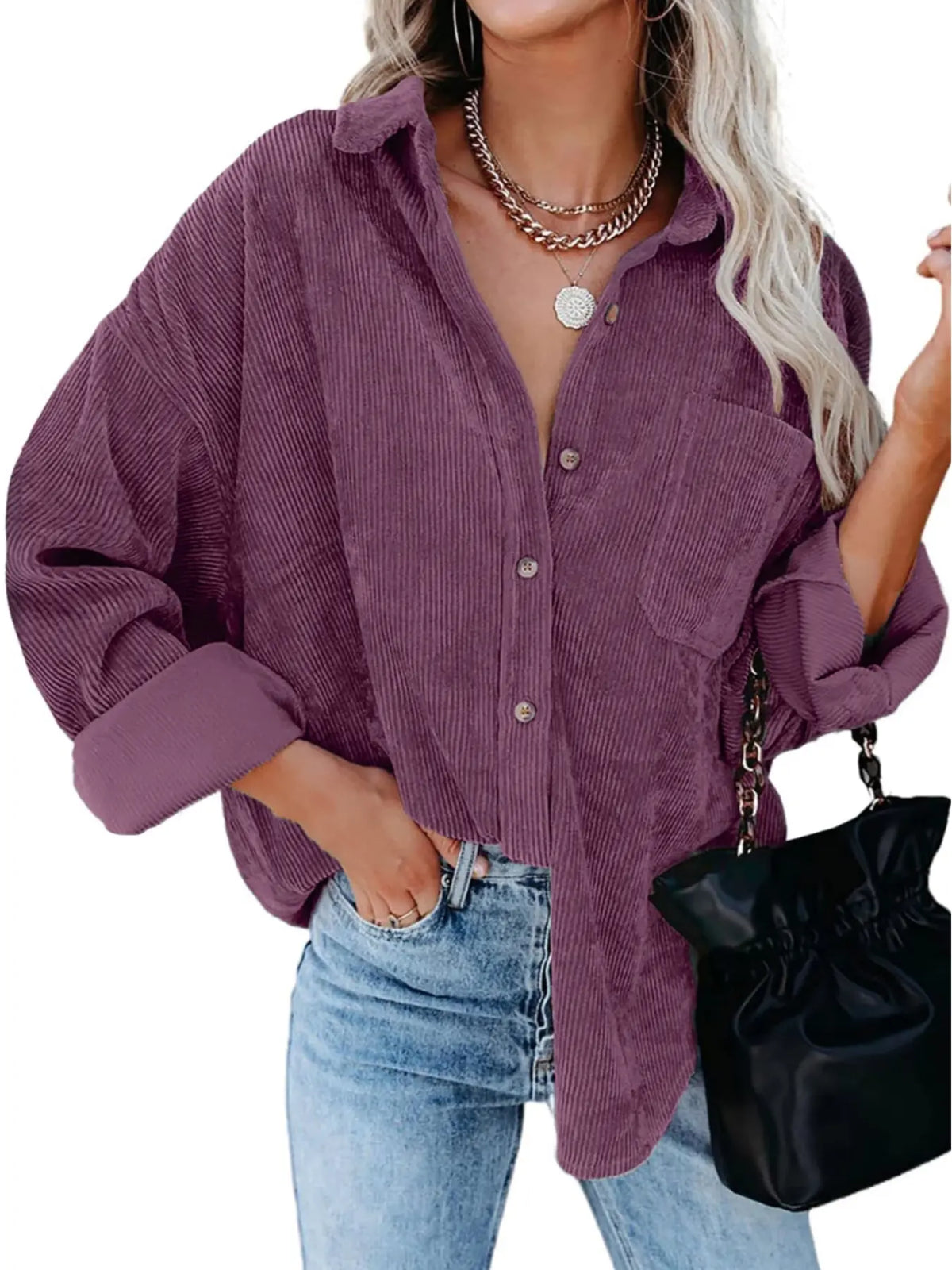 Chemise en Velours Côtelé Boutonnée à Col – Chemise Oversize à Manches Longues avec Poche