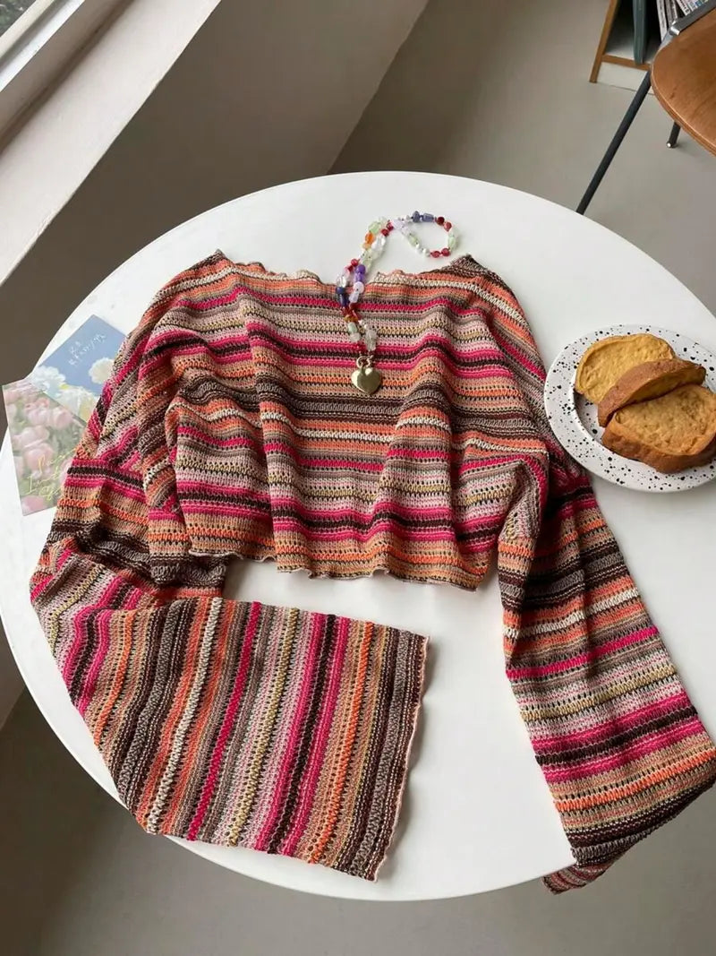 Haut en Tricot Rayé Coloré – Pull Texturé à Manches Évasées