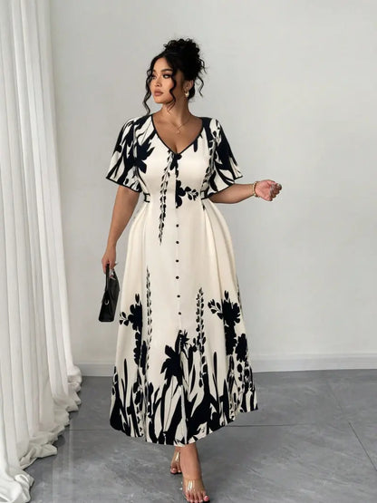 Robe Trapèze Imprimé Floral – Robe Élégante Col V Cintrée à la Taille avec Détails Boutonnés