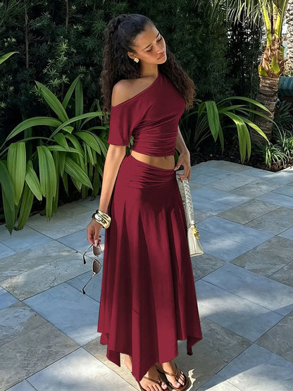 Ensemble Haut Asymétrique Froncé & Jupe Moulante – Tenue de Soirée Sexy Deux Pièces