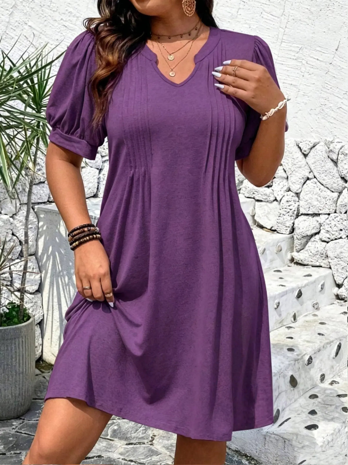Robe Trapèze Col V à Manches Bouffantes – Robe d'Été Décontractée