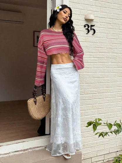 Haut en Tricot Rayé Coloré – Pull Texturé à Manches Évasées