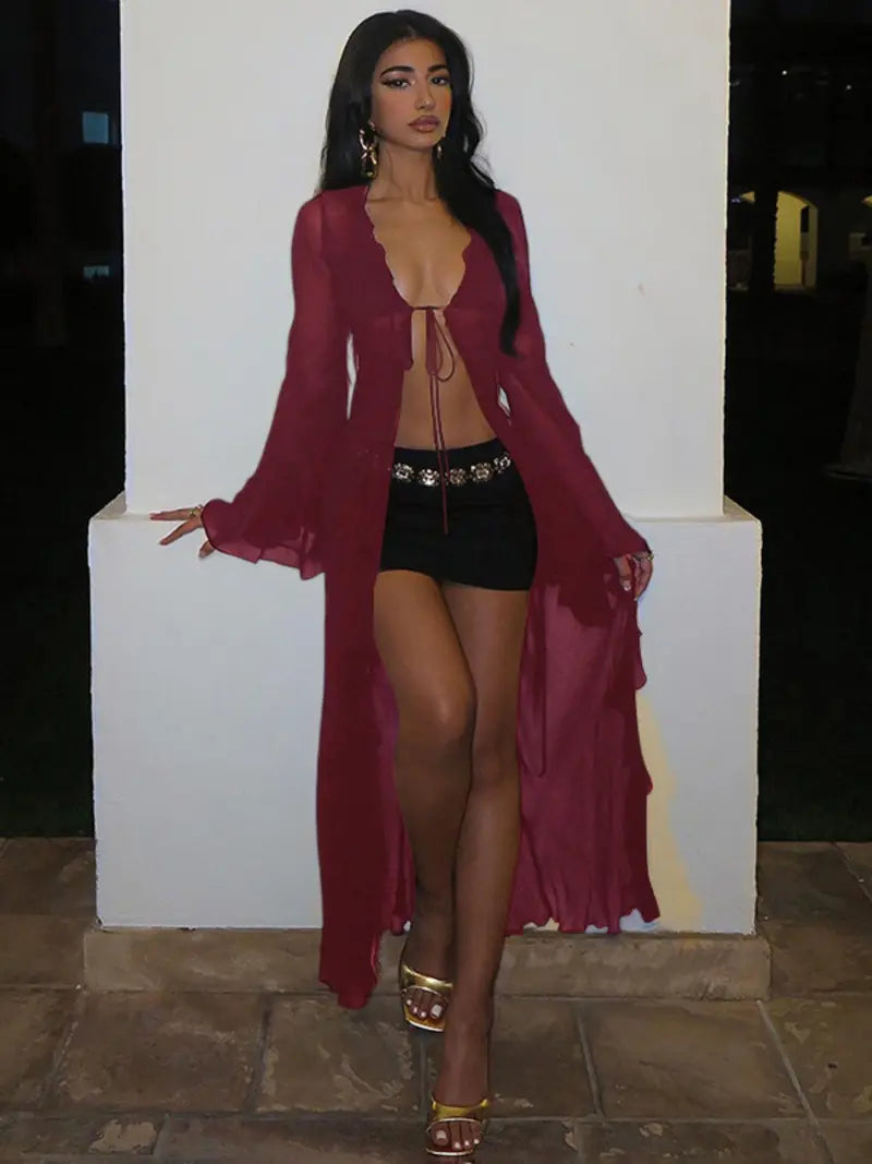 Long Gilet en Mesh Transparent – Cache-Épaules à Volants Nouable Devant
