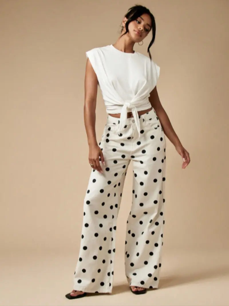 Pantalon Large à Pois Abstraits – Pantalon Bohème Taille Haute avec Poches