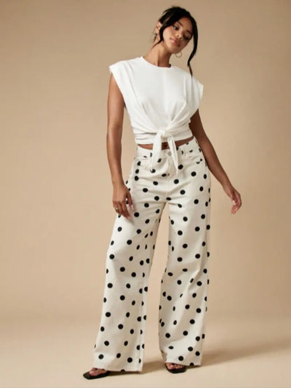 Pantalon Large à Pois Abstraits – Pantalon Bohème Taille Haute avec Poches