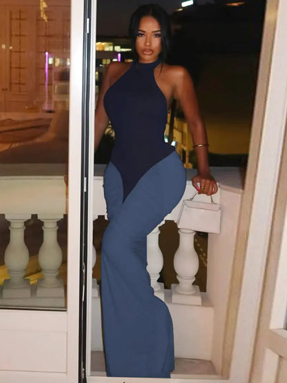 Robe Longue Moulante Colorblock Dos Nu – Robe de Soirée Élégante