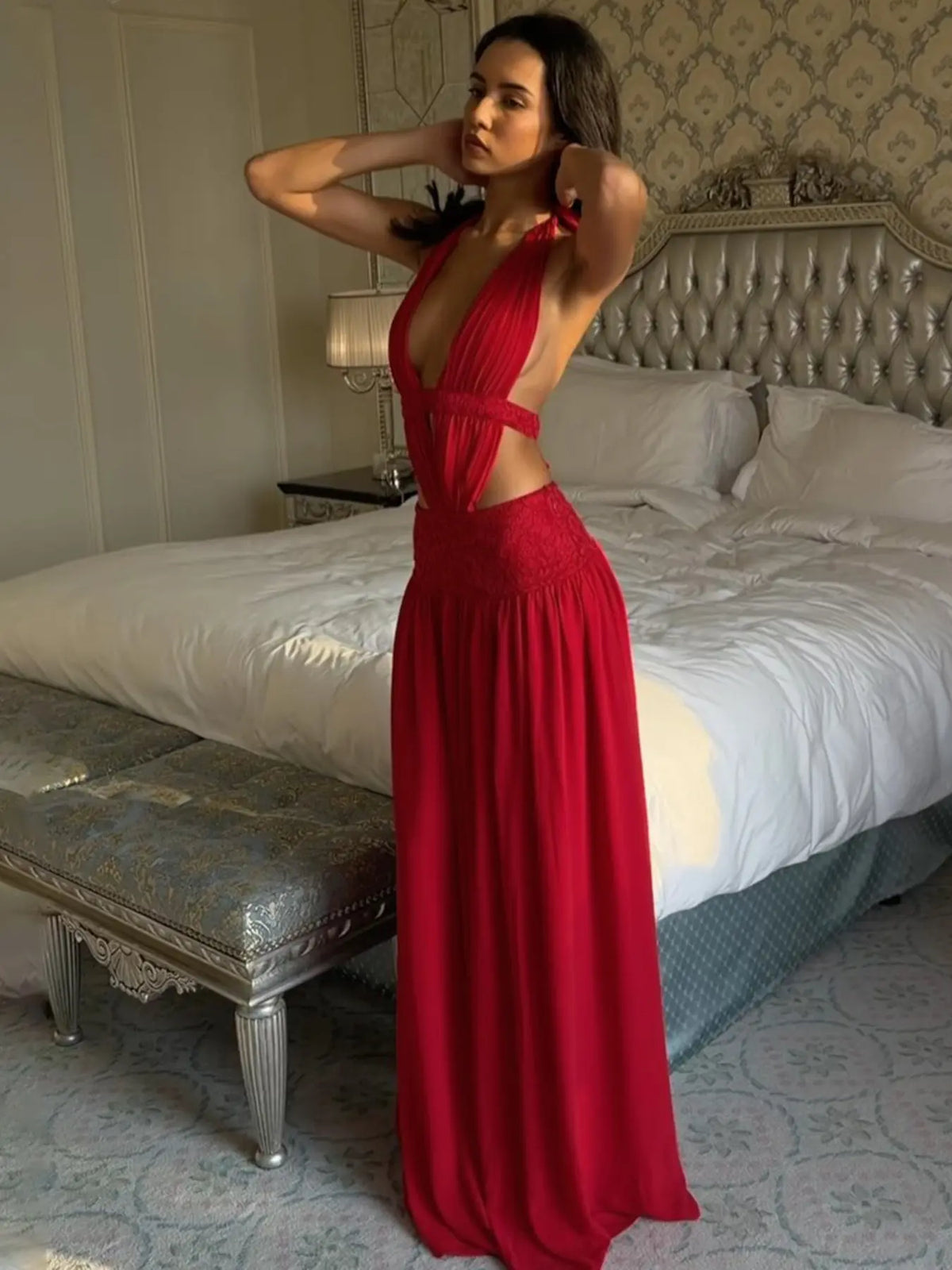 Robe Moulante Dos Nu Col V Plongeant – Robe de Soirée Froncée Dos Nu