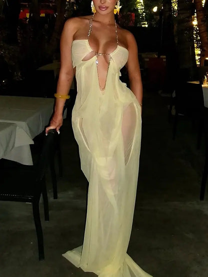 Robe Longue Dos Nu en Mesh Patchwork – Robe de Soirée Col Dos Nu Ajourée