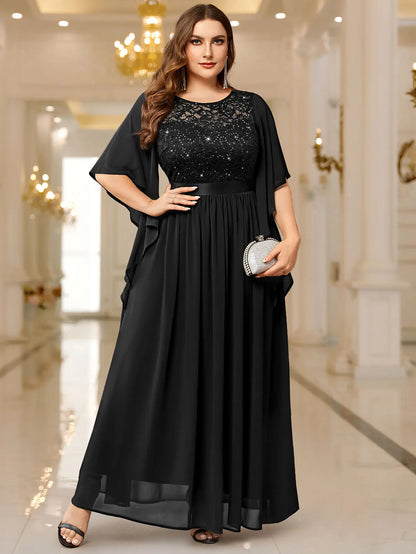 Robe Longue en Mousseline Dentelle et Paillettes à Manches Évasées – Robe de Soirée Élégante