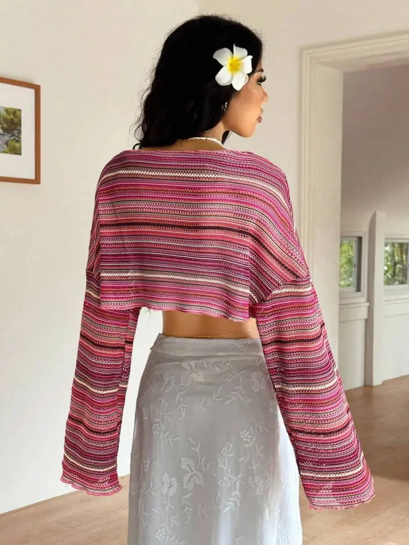 Haut en Tricot Rayé Coloré – Pull Texturé à Manches Évasées
