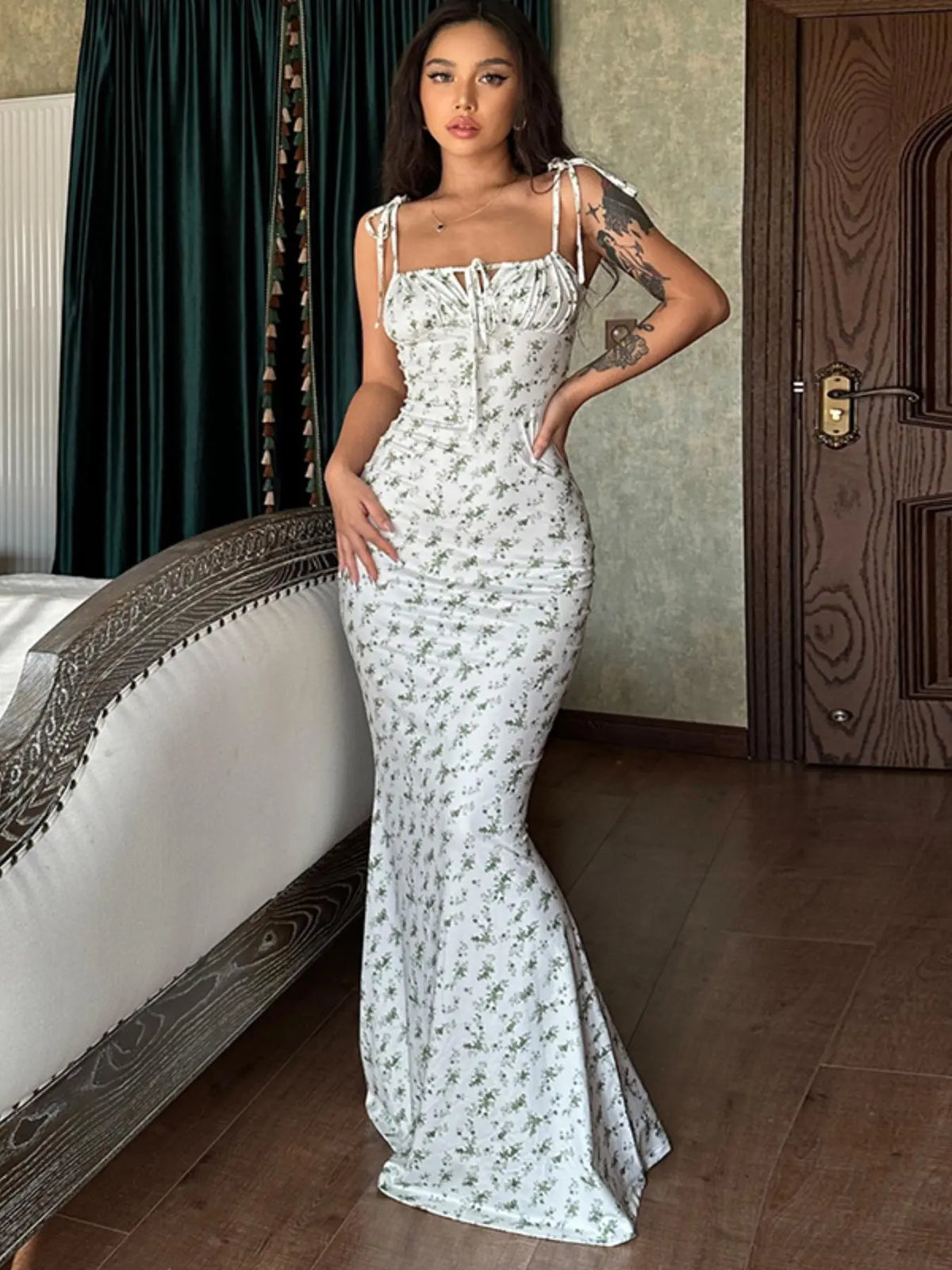 Robe Longue Sirène Dos Nu Imprimé Fleuri à Bretelles Nouées – Robe d'Été Chic Moulante