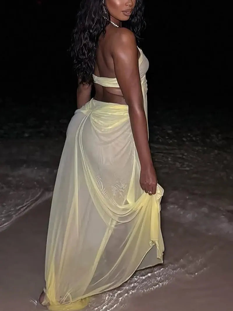 Robe Longue Dos Nu en Mesh Patchwork – Robe de Soirée Col Dos Nu Ajourée