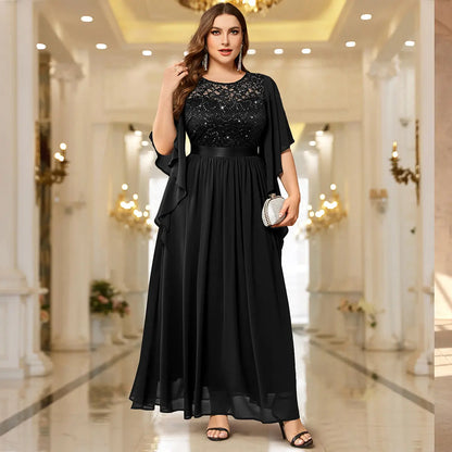Robe Longue en Mousseline Dentelle et Paillettes à Manches Évasées – Robe de Soirée Élégante