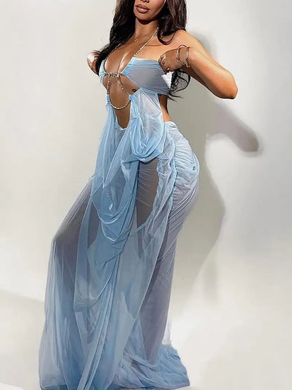Robe Longue Dos Nu en Mesh Patchwork – Robe de Soirée Col Dos Nu Ajourée