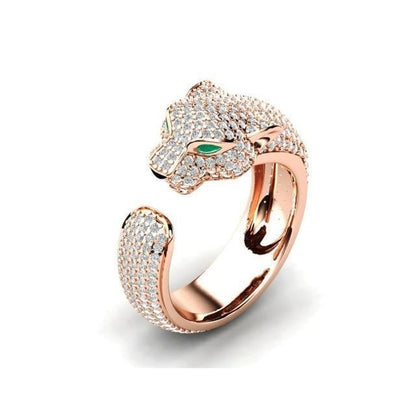 Bague Jaguar Ajustable en Argent et Or Rose 18K aux Yeux de Zircons Verts